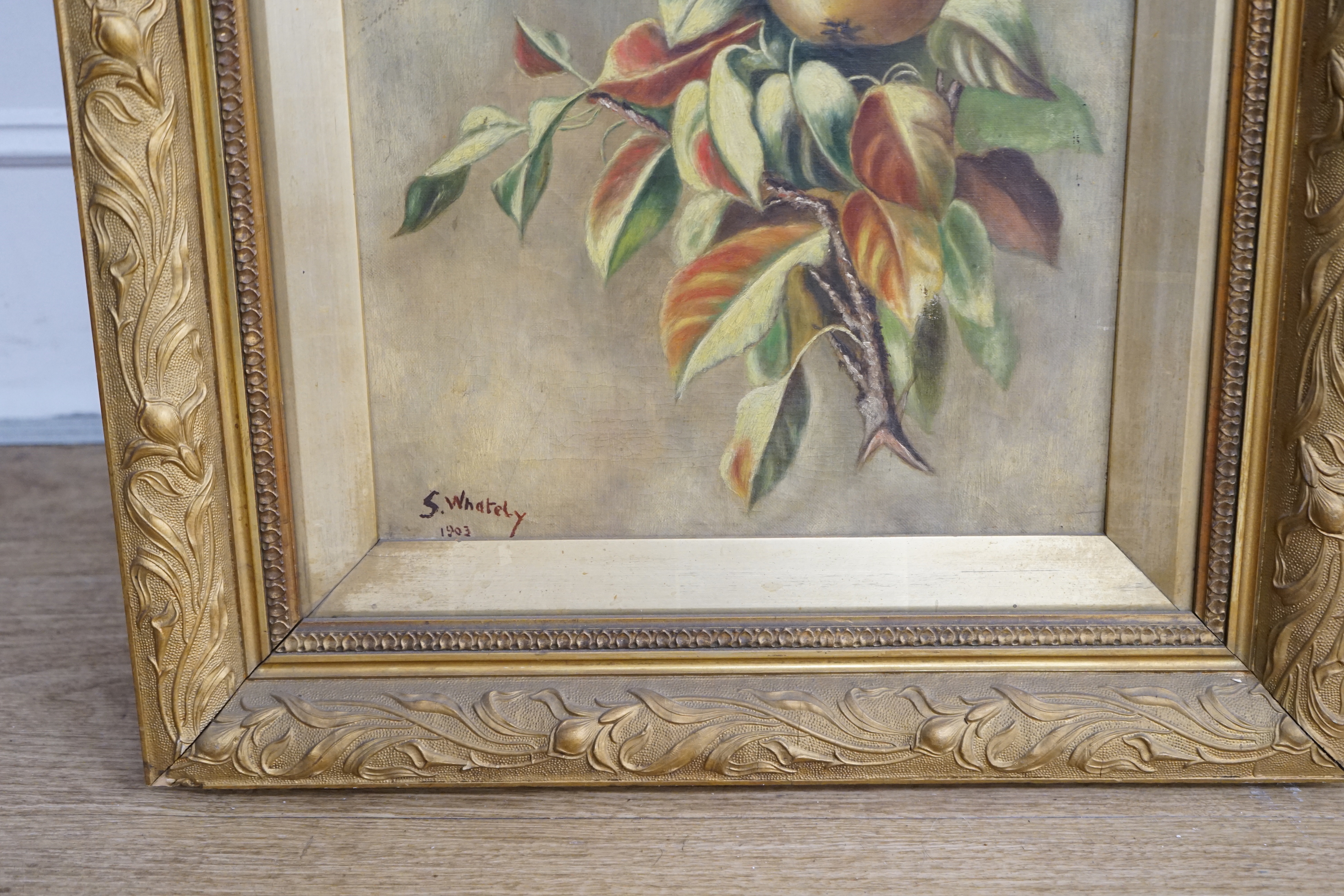 S. Whately, pair of oils on canvas, Still lifes of apples and pears, signed and dated 1903, 59 x 29cm